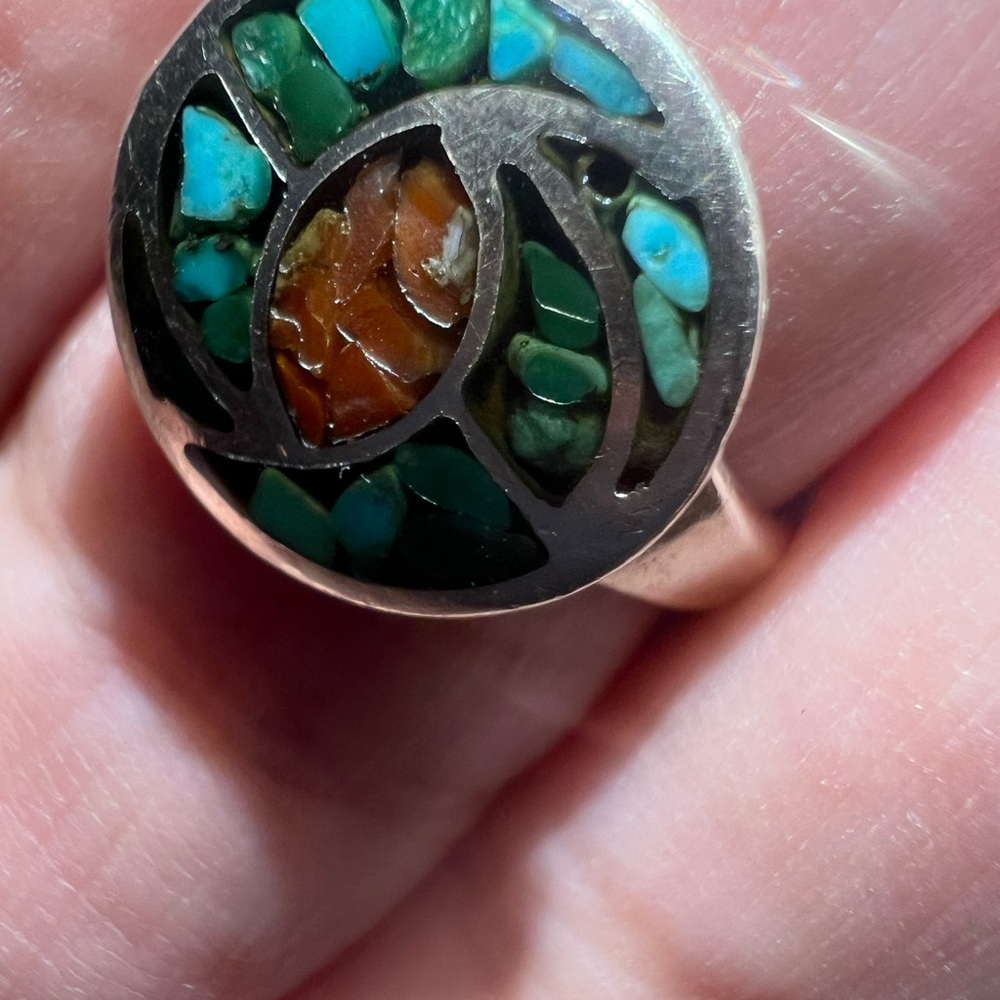 Southwestern .925 Inlay Turquoise n Coral Ring - Picture 8 of 9